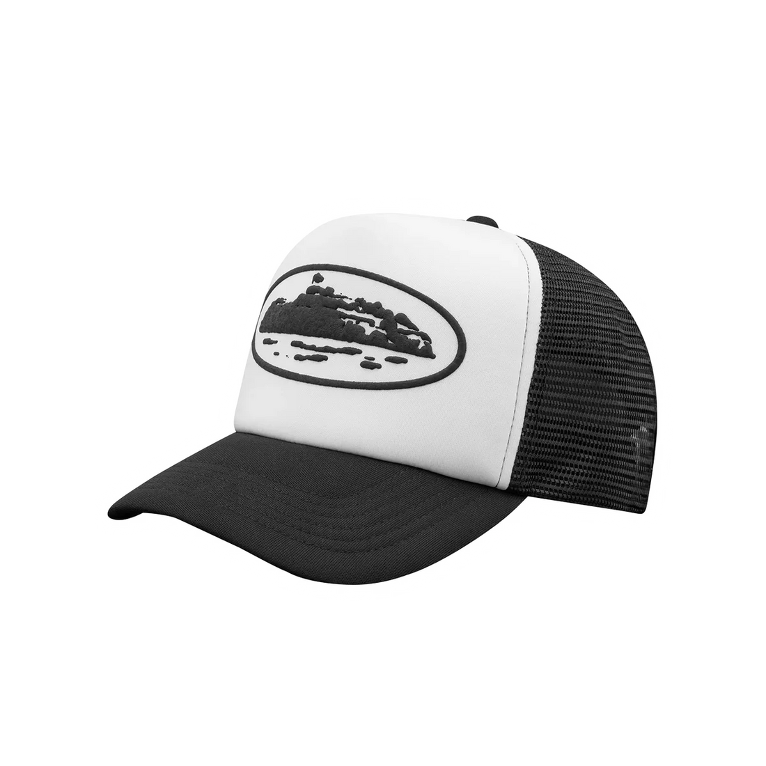 Corteiz Og Island Puff Print Trucker Hat White Black
